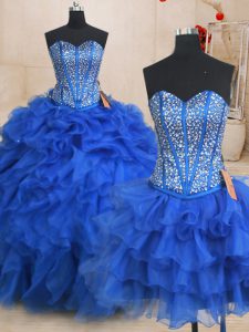 Three Piece Royal Blue Organza Lace Up Sweetheart Sleeveless Floor Length Quince Ball Gowns Beading and Ruffles