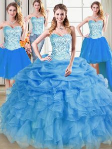 Edgy Four Piece Blue Ball Gowns Sweetheart Sleeveless Organza Floor Length Lace Up Beading and Ruffles and Pick Ups Quin