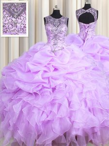 Custom Made Scoop Floor Length Lace Up 15th Birthday Dress Lavender for Military Ball and Sweet 16 and Quinceanera with 