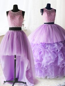 Free and Easy Three Piece Lilac Scoop Neckline Beading and Lace and Ruffles Quinceanera Gown Sleeveless Zipper