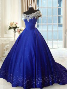 Pretty Off the Shoulder Royal Blue Lace Up 15 Quinceanera Dress Beading and Lace Cap Sleeves