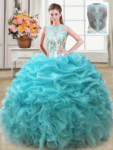 Traditional Scoop Aqua Blue Sleeveless Organza Lace Up Quinceanera Dresses for Military Ball and Sweet 16 and Quinceaner