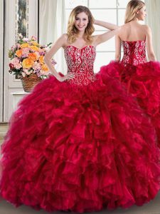 Adorable Red Sweetheart Lace Up Beading and Ruffles Quinceanera Dress Brush Train Sleeveless