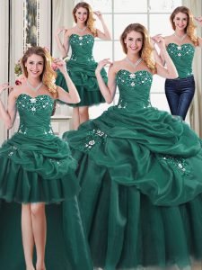 Four Piece Sleeveless Floor Length Beading and Ruffles and Pick Ups Lace Up Quinceanera Dresses with Dark Green
