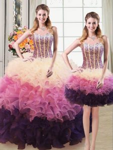 On Sale Three Piece Multi-color Sleeveless Beading and Ruffles Floor Length Ball Gown Prom Dress