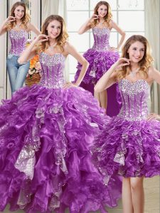 Four Piece Floor Length Purple Vestidos de Quinceanera Organza Sleeveless Beading and Ruffles and Sequins