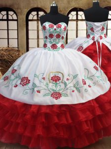 White and Red Sweetheart Neckline Embroidery and Ruffled Layers Sweet 16 Dress Sleeveless Lace Up