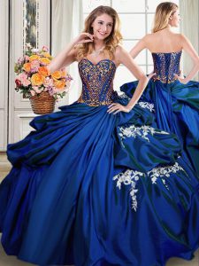 Customized Sleeveless Floor Length Beading and Appliques and Pick Ups Lace Up Quinceanera Gown with Royal Blue
