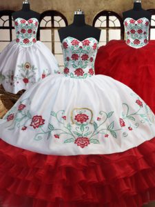Low Price Three Piece White and Red Sleeveless Embroidery and Ruffled Layers Floor Length Quinceanera Gowns