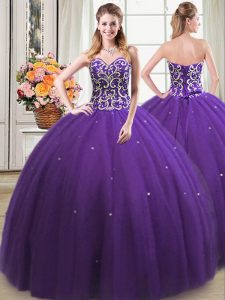Purple Ball Gowns Beading Sweet 16 Dresses Lace Up Tulle Sleeveless Floor Length