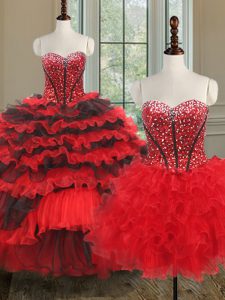 Super Three Piece Sleeveless Floor Length Beading and Ruffled Layers Lace Up Quinceanera Gown with Black and Red