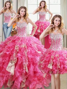 Four Piece Hot Pink Sleeveless Beading and Ruffles and Sequins Floor Length 15th Birthday Dress