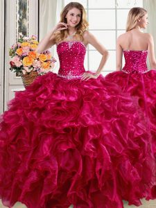 Organza Strapless Sleeveless Lace Up Beading and Ruffles 15 Quinceanera Dress in Fuchsia