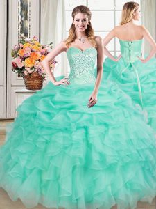 Organza Sweetheart Sleeveless Lace Up Beading and Ruffles and Pick Ups 15 Quinceanera Dress in Apple Green