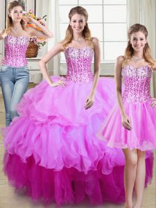 Three Piece Multi-color Organza Lace Up Sweet 16 Dresses Sleeveless Floor Length Ruffles and Sequins