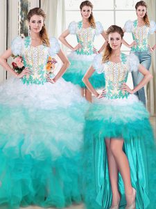 Low Price Four Piece Floor Length Multi-color Quinceanera Dress Organza Sleeveless Beading and Appliques and Ruffles