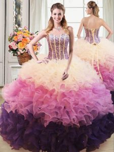 Sweetheart Sleeveless Sweet 16 Dress Floor Length Beading and Ruffles Multi-color Organza