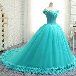 Aqua Blue Ball Gowns Tulle Off The Shoulder Cap Sleeves Hand Made Flower With Train Lace Up Sweet 16 Quinceanera Dress C