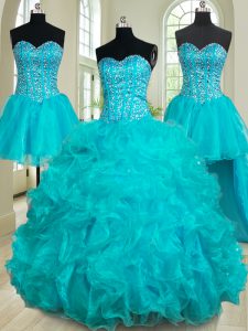 Four Piece Organza Sweetheart Sleeveless Lace Up Beading and Ruffles Quinceanera Dress in Teal