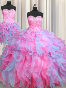 Traditional Three Piece Beading and Ruffles Sweet 16 Dress Multi-color Lace Up Sleeveless Floor Length