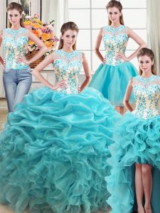 Noble Four Piece Scoop Sleeveless Beading and Ruffles Lace Up Quinceanera Gown