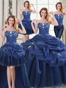Lovely Four Piece Navy Blue Lace Up Sweetheart Appliques 15 Quinceanera Dress Organza Sleeveless