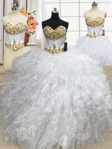Three Piece White Organza Lace Up Quinceanera Dresses Sleeveless Floor Length Beading and Ruffled Layers