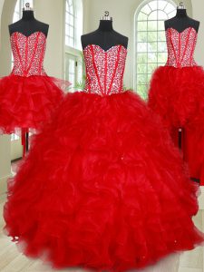 Four Piece Red Sweetheart Neckline Beading and Ruffles Ball Gown Prom Dress Sleeveless Lace Up