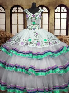 Superior Ruffled Ball Gowns Quinceanera Dress White Straps Organza and Taffeta Sleeveless Floor Length Lace Up