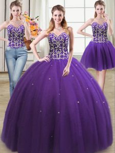 Three Piece Purple Tulle Lace Up Sweetheart Sleeveless Floor Length 15th Birthday Dress Beading