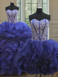 Three Piece Floor Length Lace Up Quinceanera Gowns Royal Blue for Military Ball and Sweet 16 and Quinceanera with Beadin