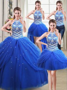 Eye-catching Four Piece Halter Top Royal Blue Tulle Lace Up Quinceanera Gown Sleeveless Floor Length Beading and Pick Up