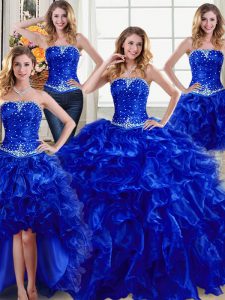 Four Piece Strapless Sleeveless 15 Quinceanera Dress Floor Length Beading and Ruffles Royal Blue Organza