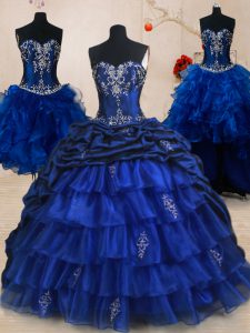 Four Piece Royal Blue Ball Gowns Sweetheart Sleeveless Organza and Taffeta With Brush Train Lace Up Beading and Ruffled 