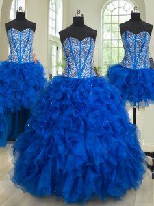 Four Piece Royal Blue Sleeveless Organza Lace Up Quinceanera Gowns for Military Ball and Sweet 16 and Quinceanera
