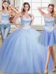 Three Piece Light Blue Sleeveless Floor Length Beading Lace Up Quince Ball Gowns