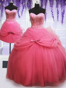 Three Piece Rose Pink Lace Up Sweetheart Beading and Bowknot Quinceanera Dresses Tulle Sleeveless
