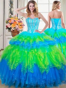 Sexy Ruffled Floor Length Multi-color Quince Ball Gowns Sweetheart Sleeveless Lace Up