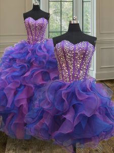Three Piece Beading and Ruffles Quinceanera Dresses Blue and Purple Lace Up Sleeveless Floor Length