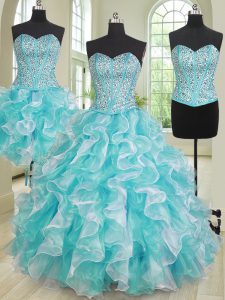 Three Piece Blue And White Lace Up Sweetheart Beading and Ruffles Sweet 16 Quinceanera Dress Organza Sleeveless