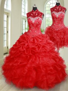 Attractive Three Piece Red High-neck Lace Up Beading and Ruffles and Pick Ups 15 Quinceanera Dress Sleeveless