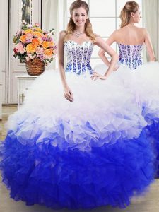 Floor Length Ball Gowns Sleeveless Blue And White Quince Ball Gowns Lace Up