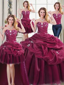 Four Piece Burgundy Lace Up Sweetheart Beading and Appliques and Pick Ups Quinceanera Gowns Organza Sleeveless