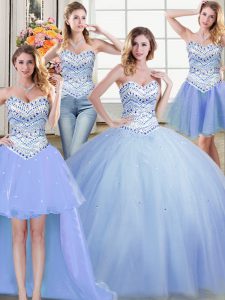 Suitable Four Piece Sleeveless Floor Length Beading Lace Up 15 Quinceanera Dress with Light Blue