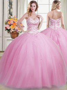 Rose Pink Lace Up Sweetheart Beading Sweet 16 Dresses Tulle Sleeveless