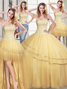 Elegant Four Piece Beading and Sequins Quinceanera Gown Gold Lace Up Sleeveless Floor Length
