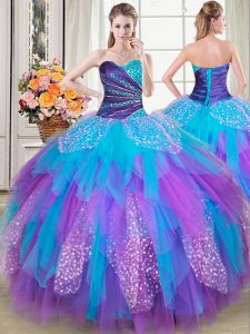 Amazing Sleeveless Tulle Floor Length Lace Up Ball Gown Prom Dress in Multi-color with Beading and Ruffles
