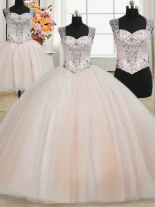Three Piece Straps Sleeveless Tulle Floor Length Zipper Ball Gown Prom Dress in Pink with Beading