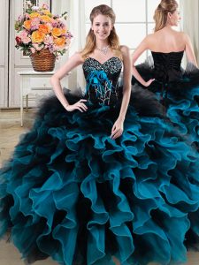 Organza and Tulle Sweetheart Sleeveless Lace Up Beading and Ruffles and Hand Made Flower Quinceanera Gown in Black and B