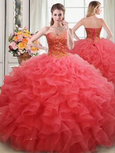 Beading and Ruffles Ball Gown Prom Dress Coral Red Lace Up Sleeveless Floor Length